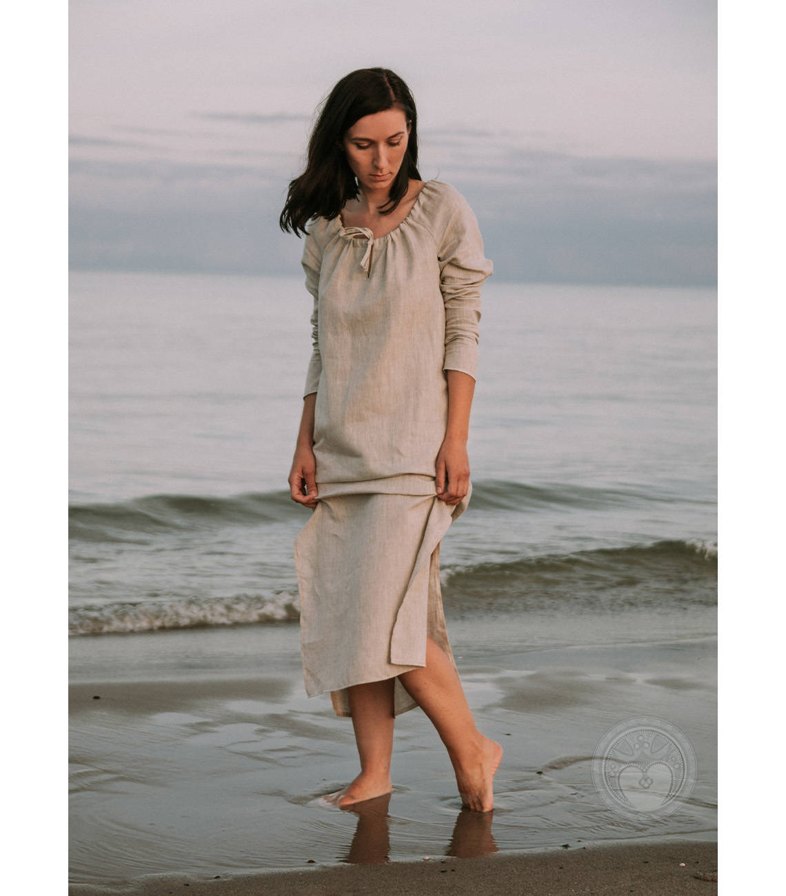 Pskov linen underdress with gathered neckline and cutouts on both sides