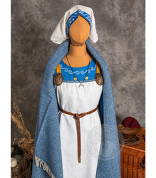 Scandinavian linen apron dress with handwoven trim and natural silk